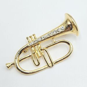 Funky Novelty Rhinestone Goldtone Trumpet Horn Brooch
